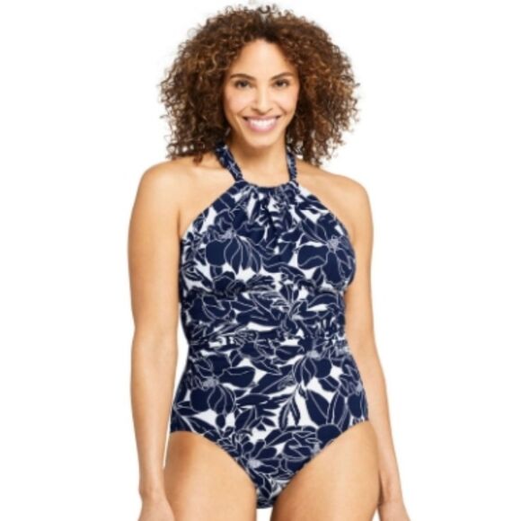 lands end plus size one piece slimming swimsuit blue white size 14 - Picture 1 of 7